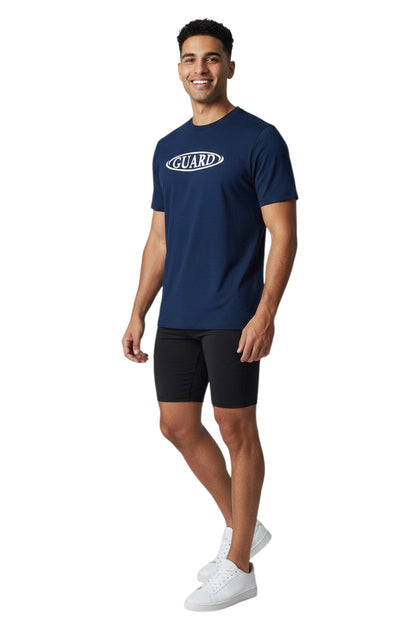 RISE Guard Short Sleeve Crew Neck Rashguard in navy, shown on model