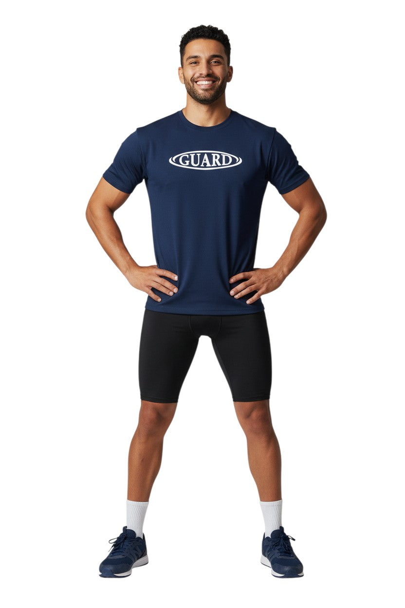 RISE Guard Short Sleeve Crew Neck Rashguard in navy, shown on model
