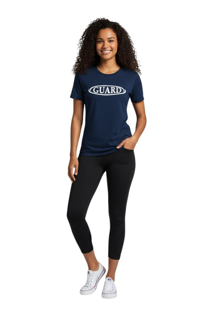 RISE Guard Short Sleeve Crew Neck Rashguard in navy, shown on model