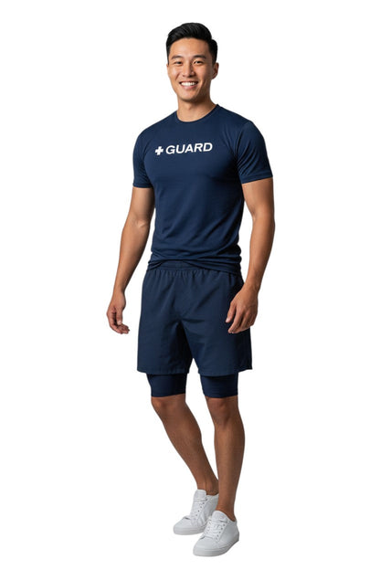Kiefer Guard Short Sleeve Crewneck Rashguard in navy, shown on model