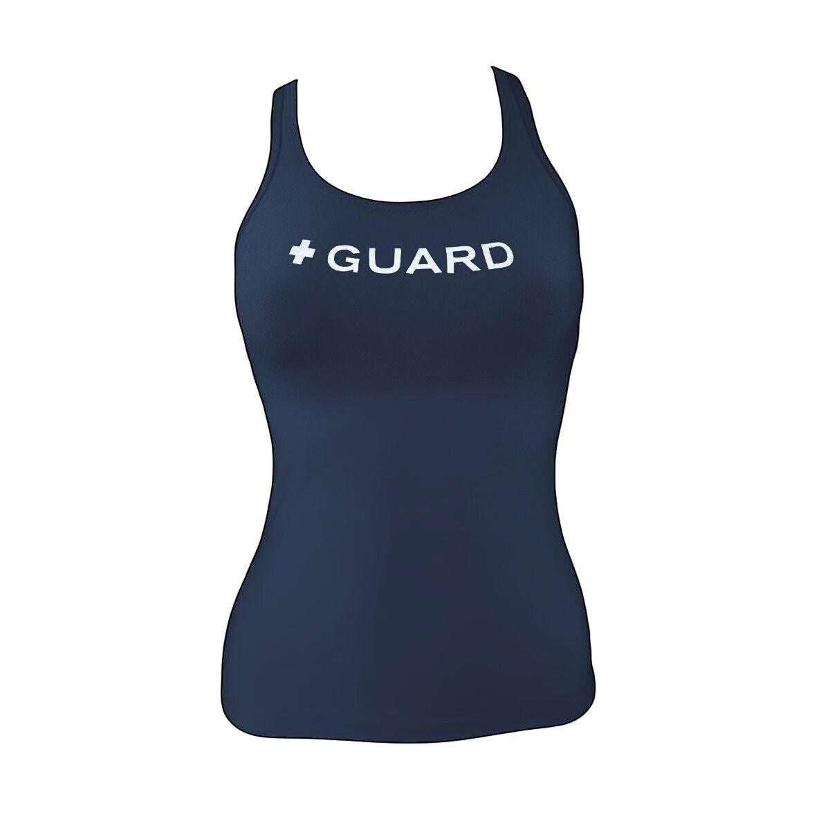 Kiefer navy blue racer back tankini top with white "+ GUARD" graphic. Made of poly-spandex.