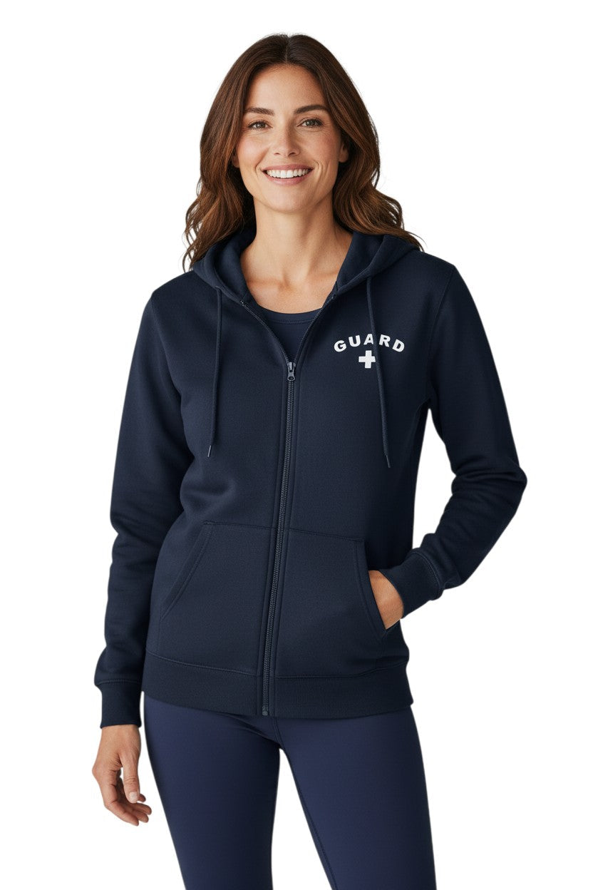 Kiefer navy blue zip hoodie with white GUARD+ logo on chest. 50% cotton/50% polyester fleece.