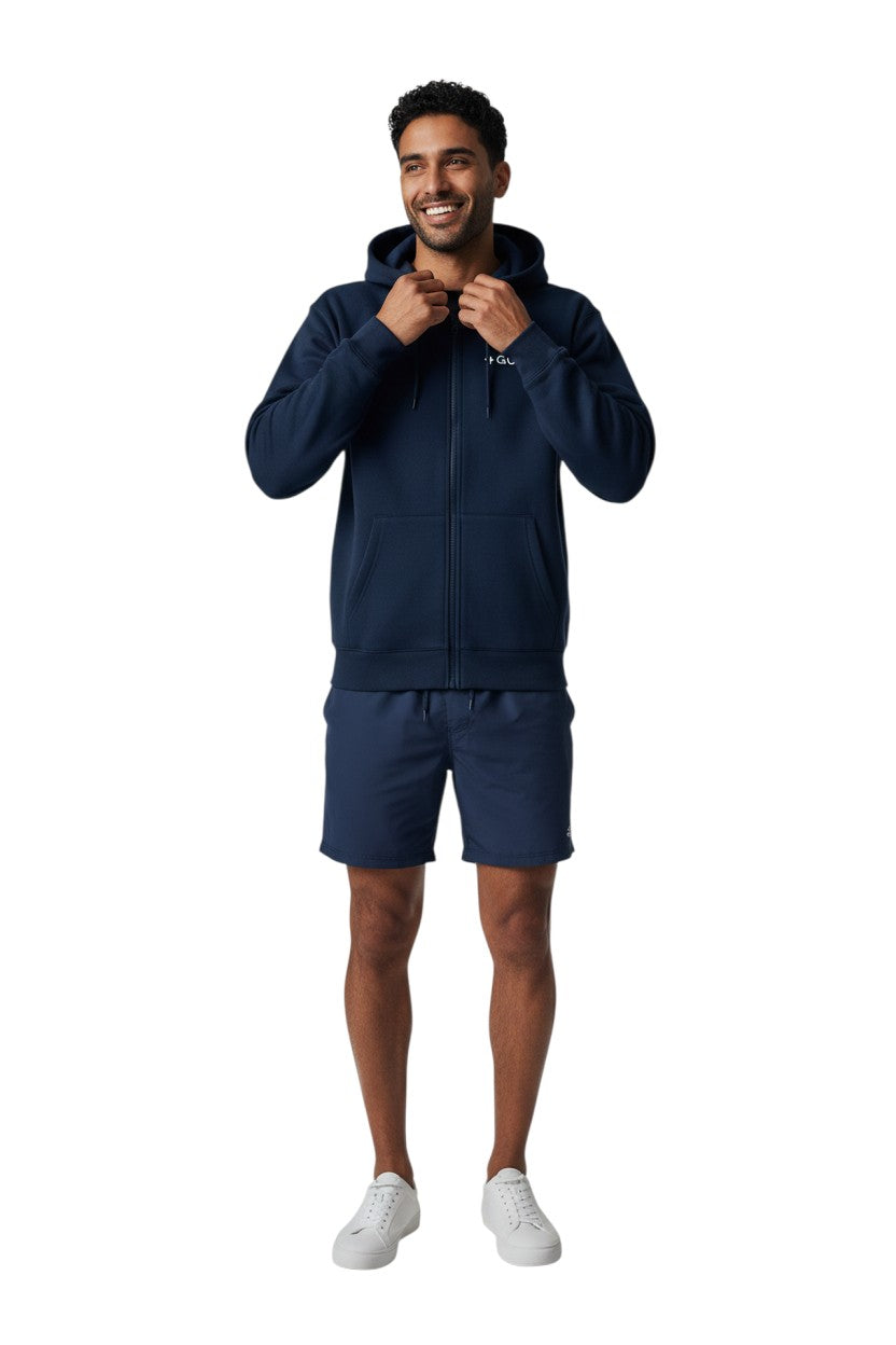 Navy blue cotton-polyester blend zip-up hoodie with GUARD logo on chest. Features a double-lined hood and front pockets.