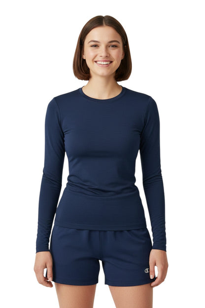 Kiefer Solid Long Sleeve Crewneck Rashguard in navy, shown on model