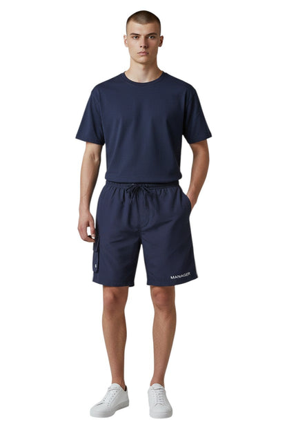 Kiefer Manager Board Short in navy, shown on model