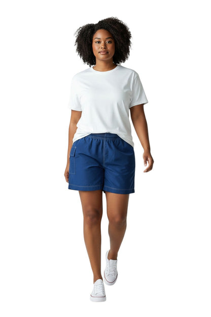 Kiefer navy blue nylon board shorts with 3" inseam, elastic waistband, drawstring, and side pocket.