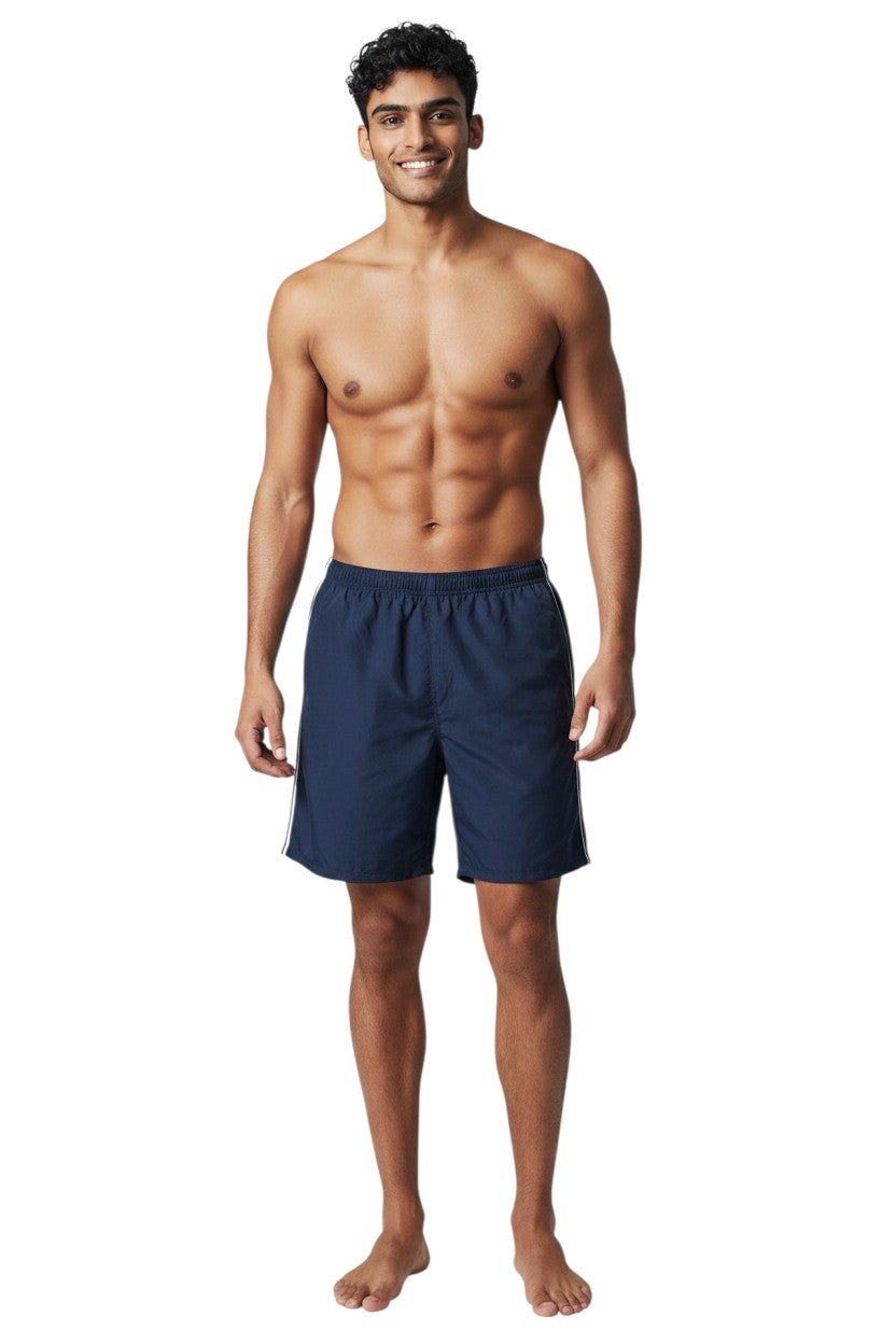 Kiefer navy blue nylon trunk shorts with white side piping and elastic waistband.