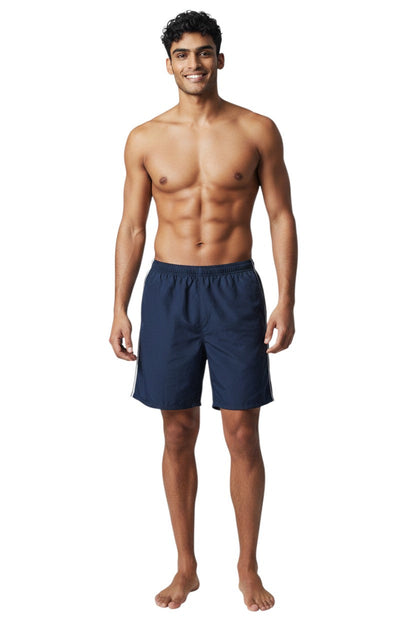 Kiefer navy blue nylon trunk shorts with white side piping and elastic waistband.