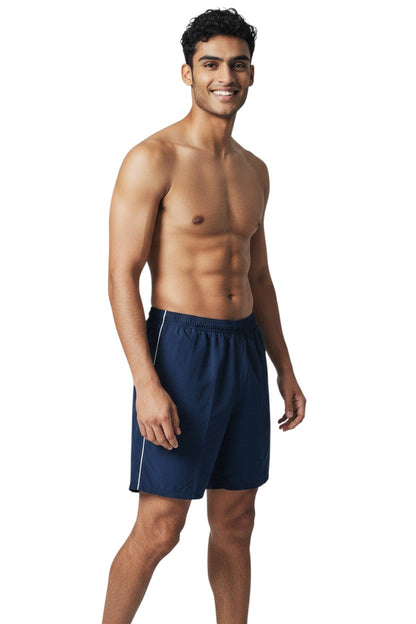 Kiefer navy blue nylon trunks with white side piping and elastic waistband.
