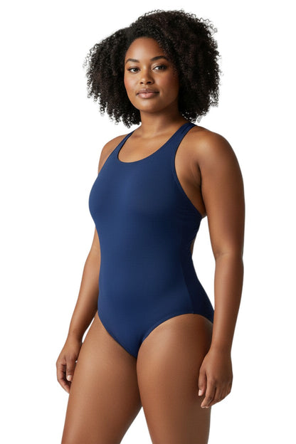 Navy blue polyester-spandex one-piece swimsuit with racerback design and UPF 50+ sun protection.