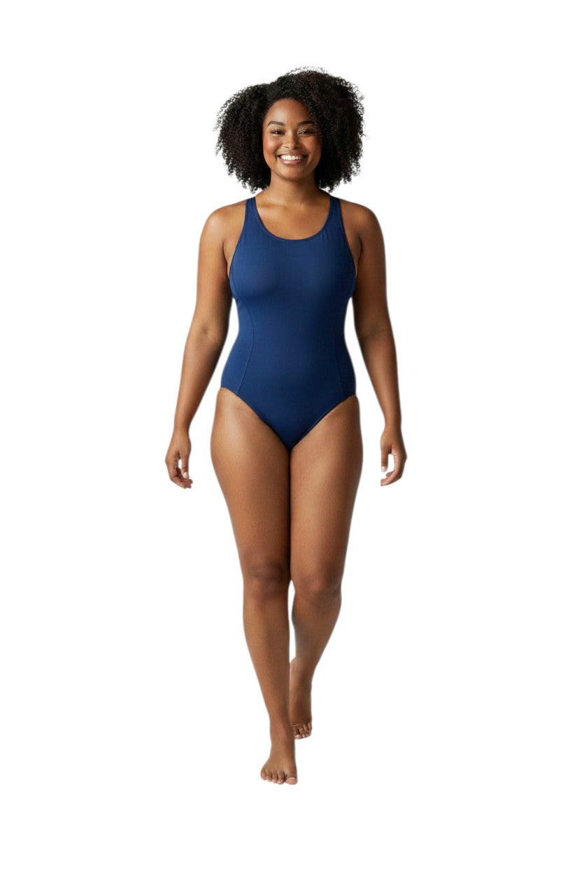 Navy blue one-piece swimsuit with shelf bra, made of poly stretch fabric with UPF50+ protection.