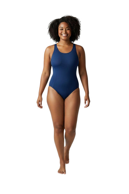 Navy blue one-piece swimsuit with shelf bra, made of poly stretch fabric with UPF50+ protection.