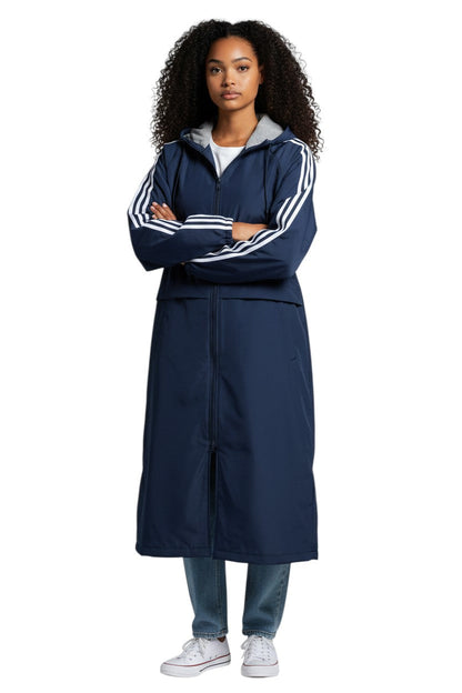 Navy blue nylon parka with fleece lining and white stripe accents on sleeves.