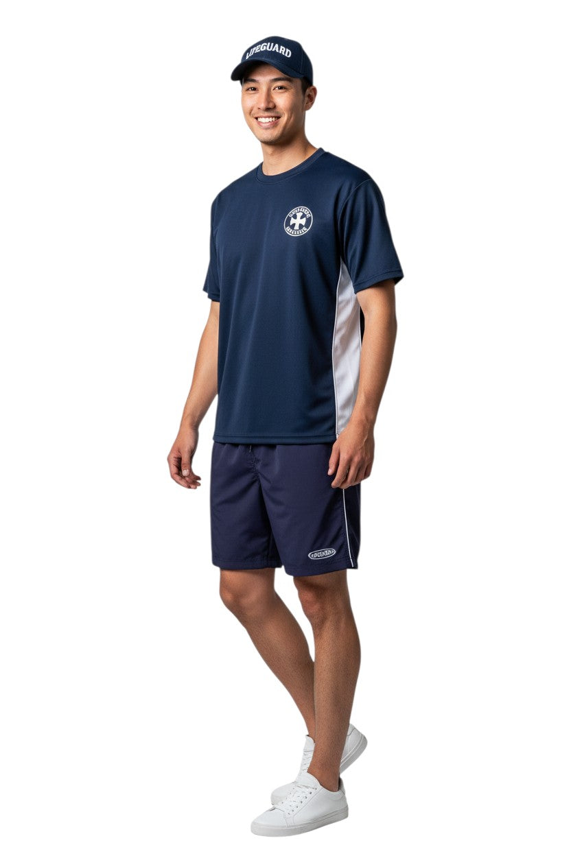 RISE Guard Male Flex Board Short in navy, shown on model
