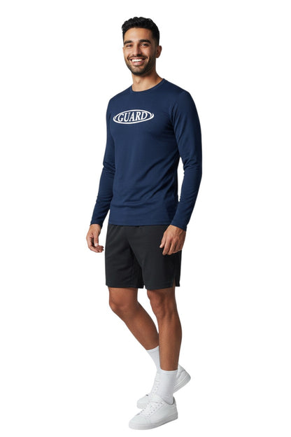 RISE Guard Long Sleeve Crew Neck Rashguard in navy, shown on model
