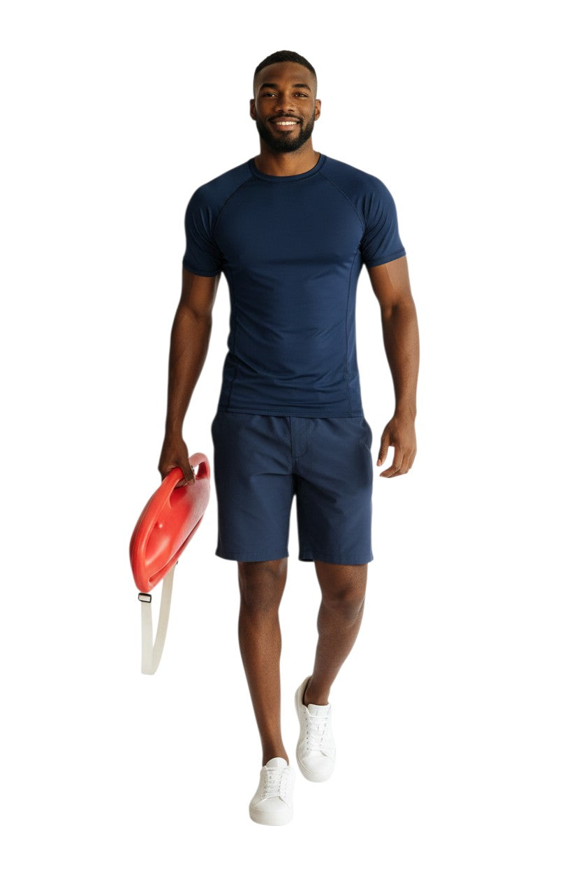 Kiefer Solid Short Sleeve Crewneck Rashguard in navy, shown on model