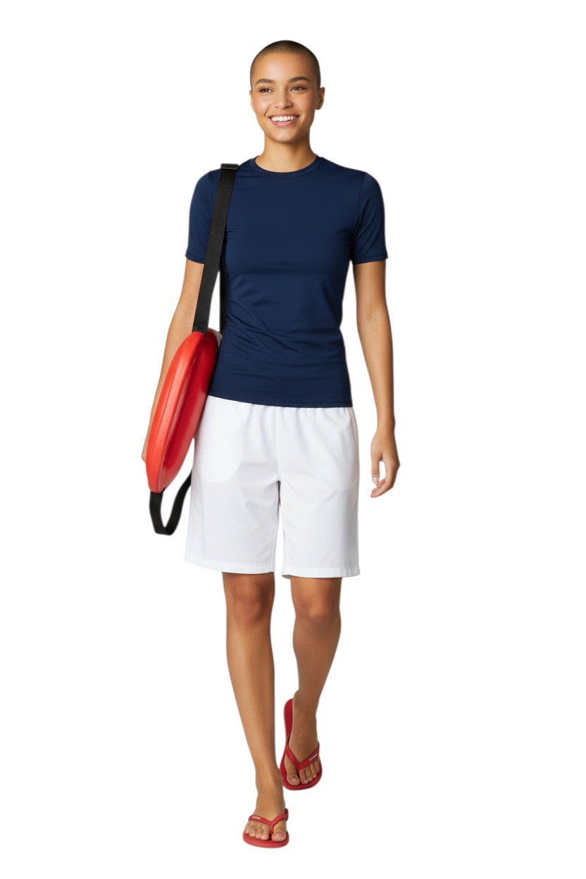 Kiefer Solid Short Sleeve Crewneck Rashguard in navy, shown on model