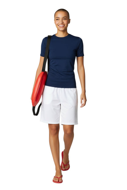 Kiefer Solid Short Sleeve Crewneck Rashguard in navy, shown on model