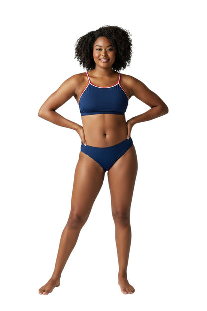 Rise Solid Poly Tri Color Bikini in navy, shown on model