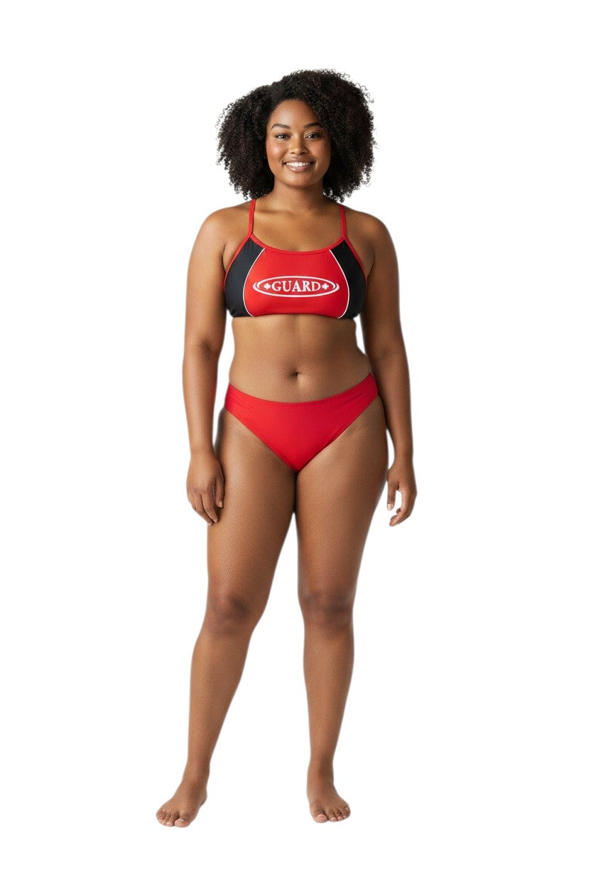 Kiefer RISE Guard red and black splice bikini with white GUARD logo on a smiling model