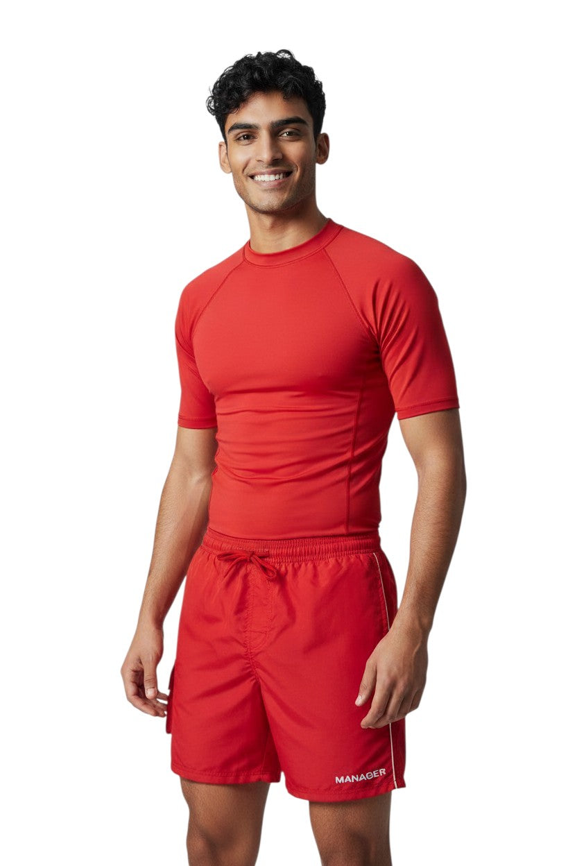 Kiefer Manager Board Short in red, shown on model