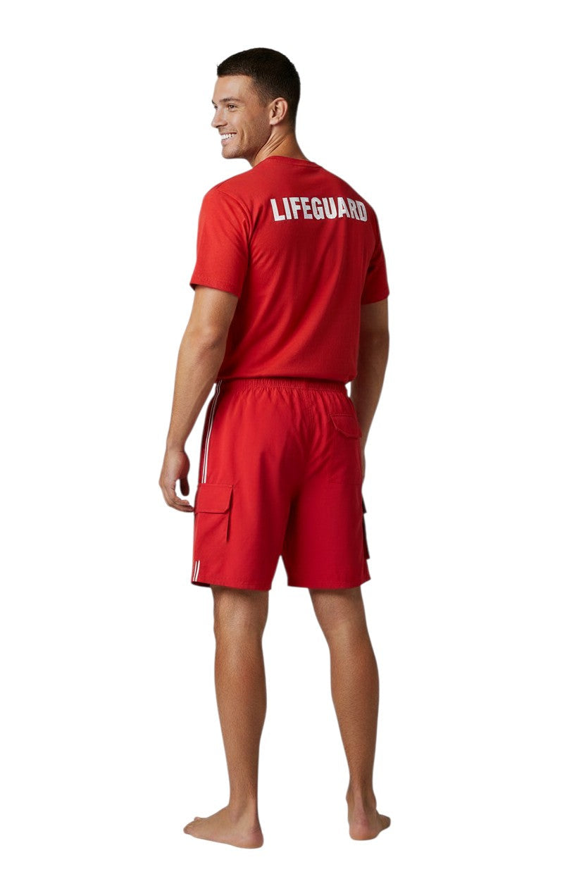 Kiefer Guard Board Short in red, shown on model