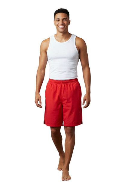RISE Solid Male Flex Board Short in red, shown on model