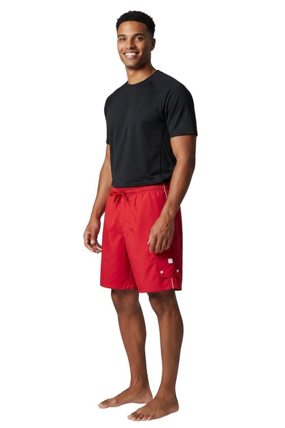 RISE Solid Male Flex Board Short in red, shown on model