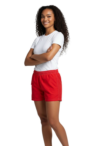RISE Solid Flex Waterpark Board Short in red, shown on model