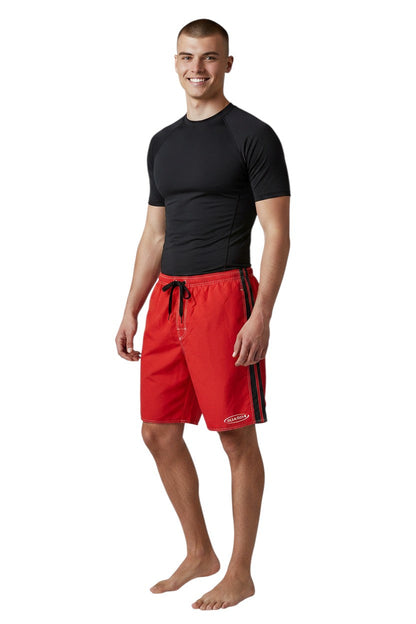 Red polyester board shorts with black and white side stripe and GUARD logo.