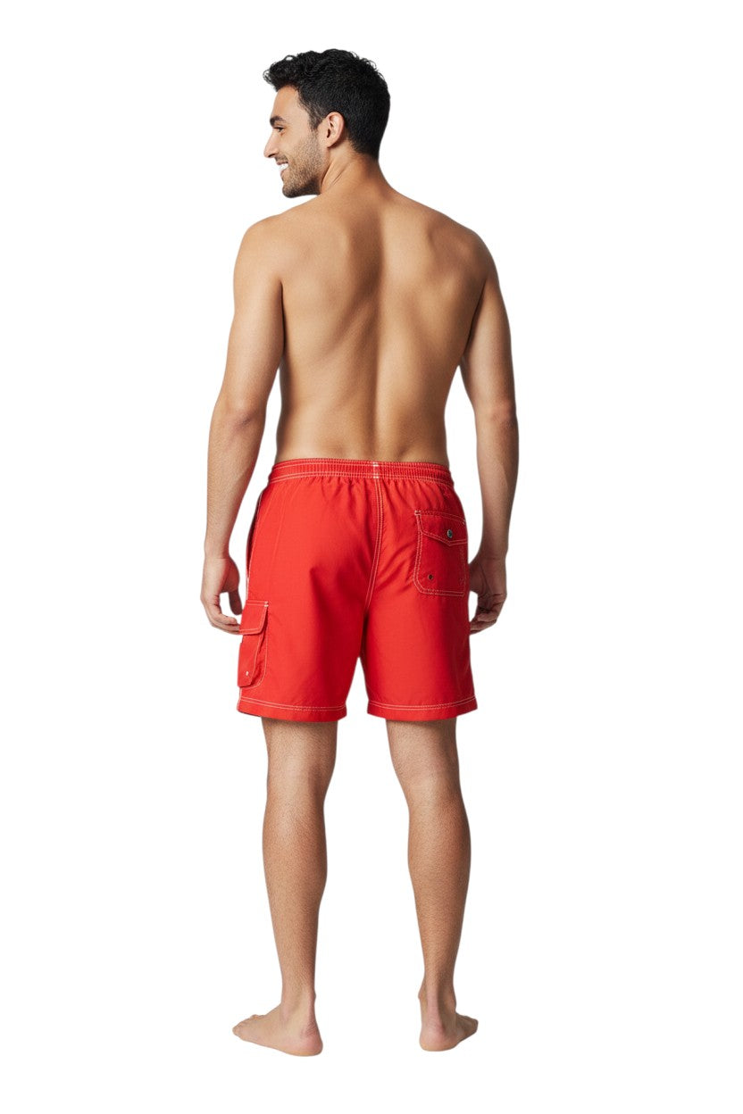 Red polyester/spandex boardshorts with white drawstring, contrast stitching, and cargo pocket.
