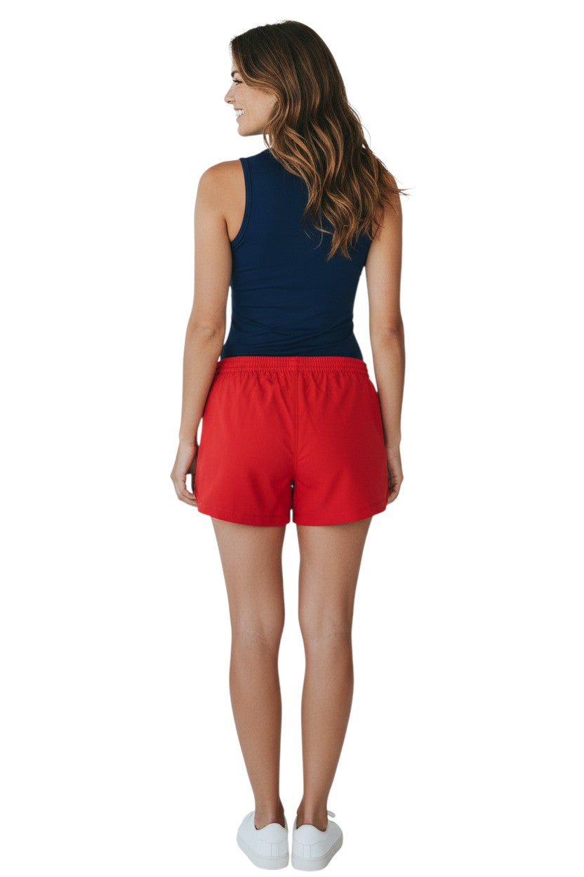 Red polyester comfy shorts with elastic waistband, drawstring, and two front pockets. UPF30+ UV protection.