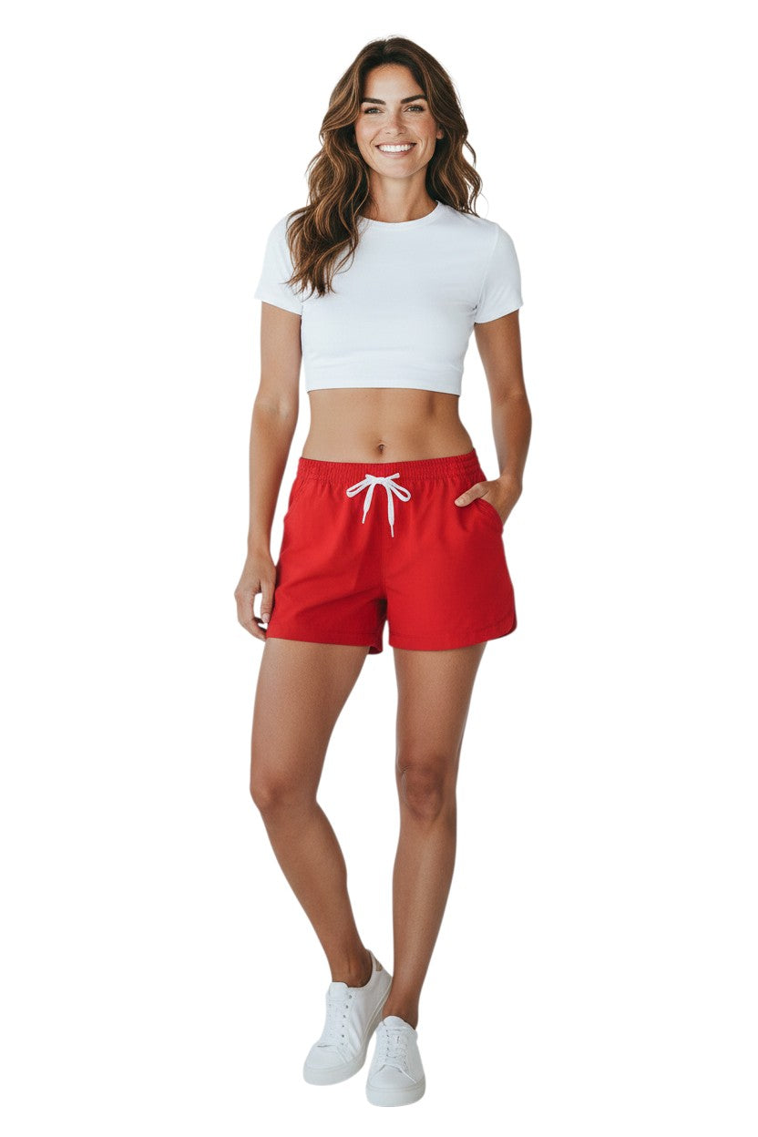 Red polyester comfy shorts with elastic waistband, drawstring, and pockets. UPF30+ UV protection.