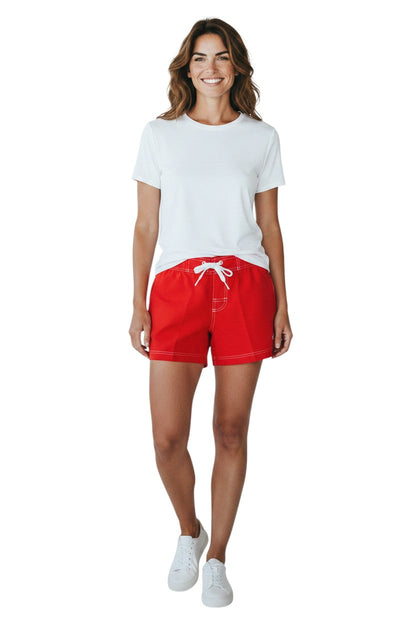 Red polyester flex shorts with white drawstring and side pocket, 5" inseam.