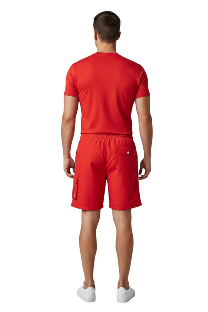 Kiefer Guard Board Short in red, shown on model