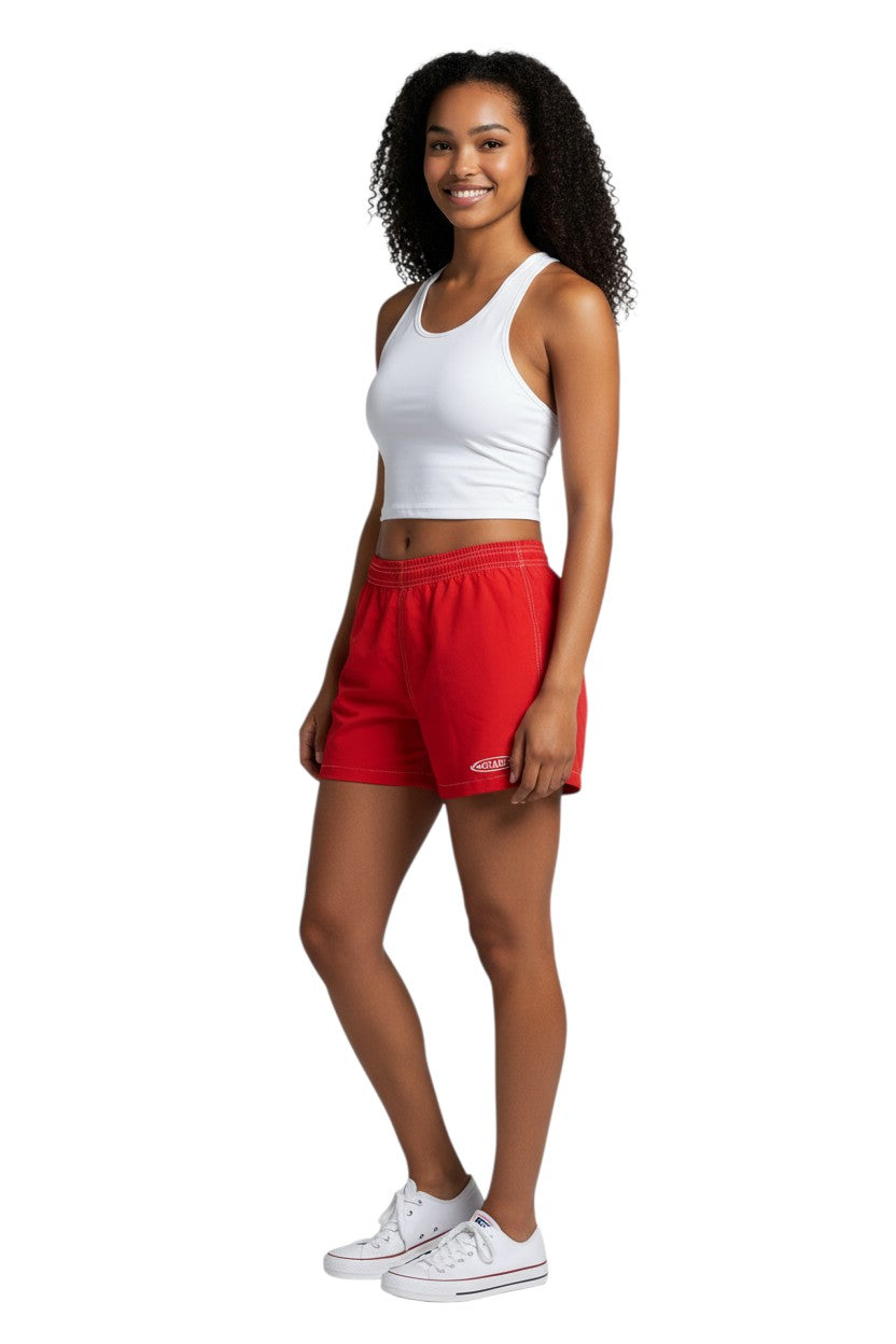 RISE Guard Flex Waterpark Board Short in red, shown on model