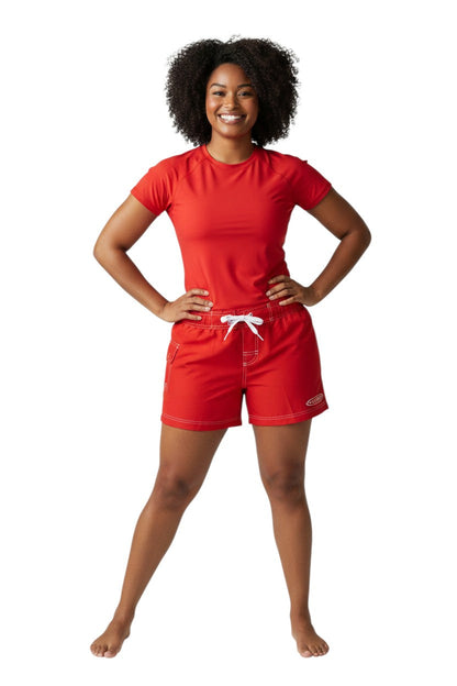 Kiefer red polyester-spandex blend board shorts with drawstring waist and GUARD logo.