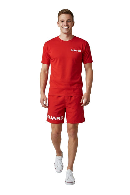 Kiefer 4-Way Stretch Unisex Lifeguard Deck Short in red, shown on model