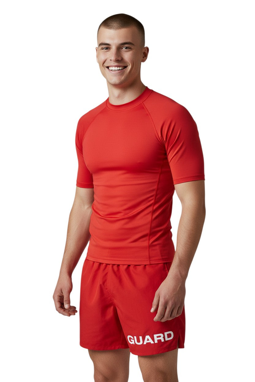 Kiefer 4-Way Stretch Unisex Lifeguard Deck Short in red, shown on model