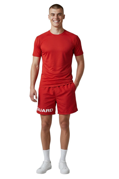 Kiefer 4-Way Stretch Unisex Lifeguard Deck Short in red, shown on model