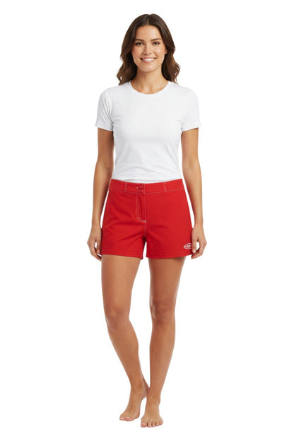 Red polyester-spandex Guard Flex shorts for women with drawstring waist and side pocket. Guard logo on left leg.