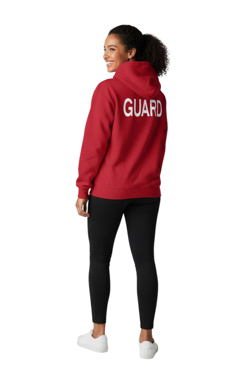 Kiefer Guard Hooded Sweatshirt in red, shown on model