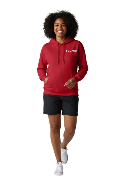 Kiefer Guard Hooded Sweatshirt in red, shown on model