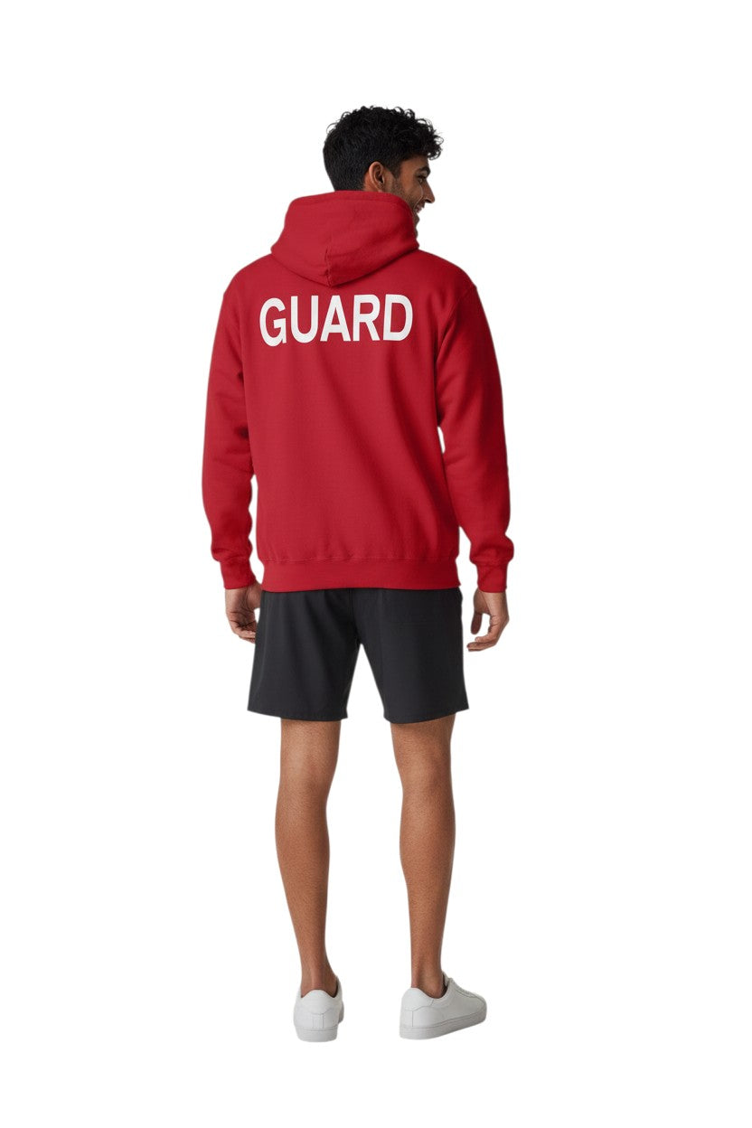 Kiefer Guard Hooded Sweatshirt in red, shown on model