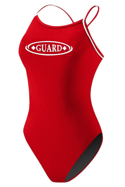 Kiefer RISE Guard H-Back Reversible One Piece Swimsuit in red with white trim and Guard logo.