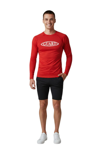 RISE Guard Long Sleeve Crew Neck Rashguard in red, shown on model