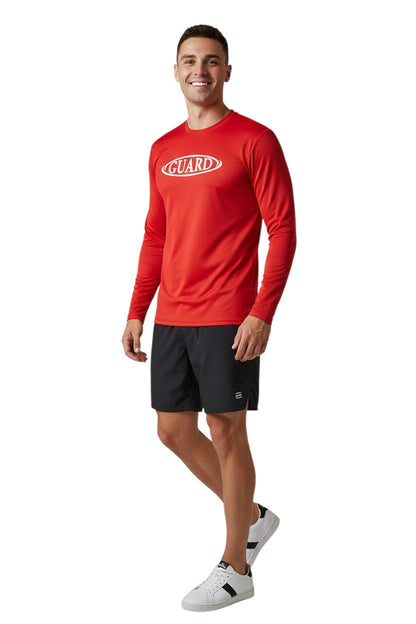 RISE Guard Long Sleeve Crew Neck Rashguard in red, shown on model
