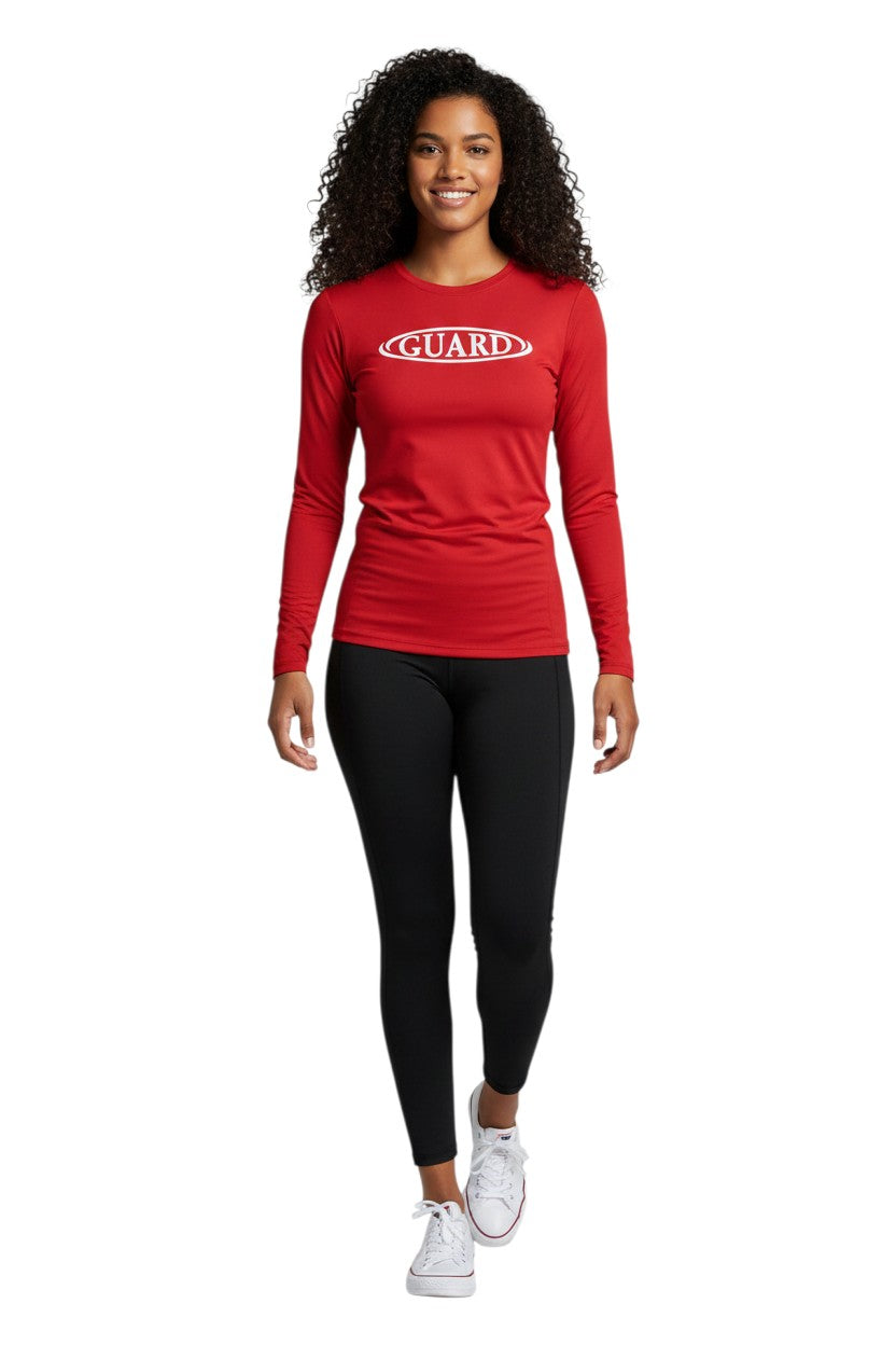 RISE Guard Long Sleeve Crew Neck Rashguard in red, shown on model