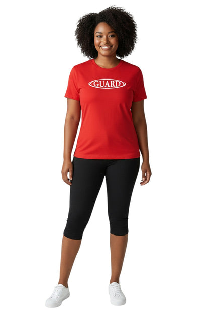RISE Guard Short Sleeve Crew Neck Rashguard in red, shown on model