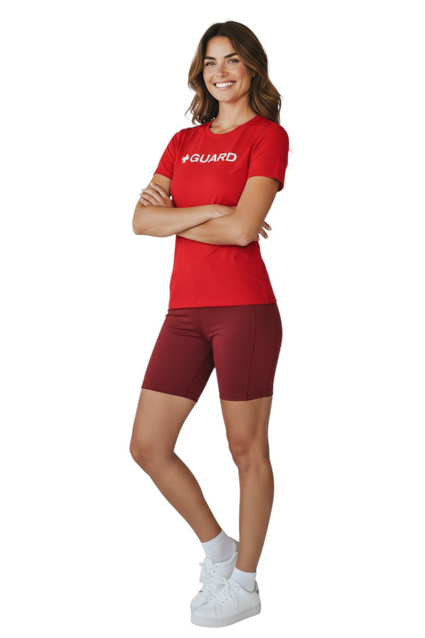 Kiefer Guard Short Sleeve Crewneck Rashguard in red, shown on model